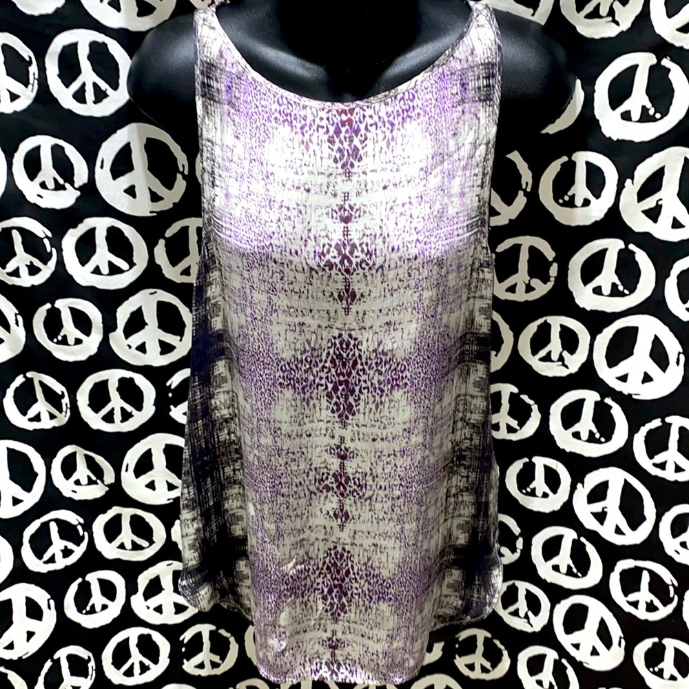100% SILK THEYSKEN’S THEORY WHITE/PURPLE/BLACK/GREY RAZORBACK TANK TOP SZ M